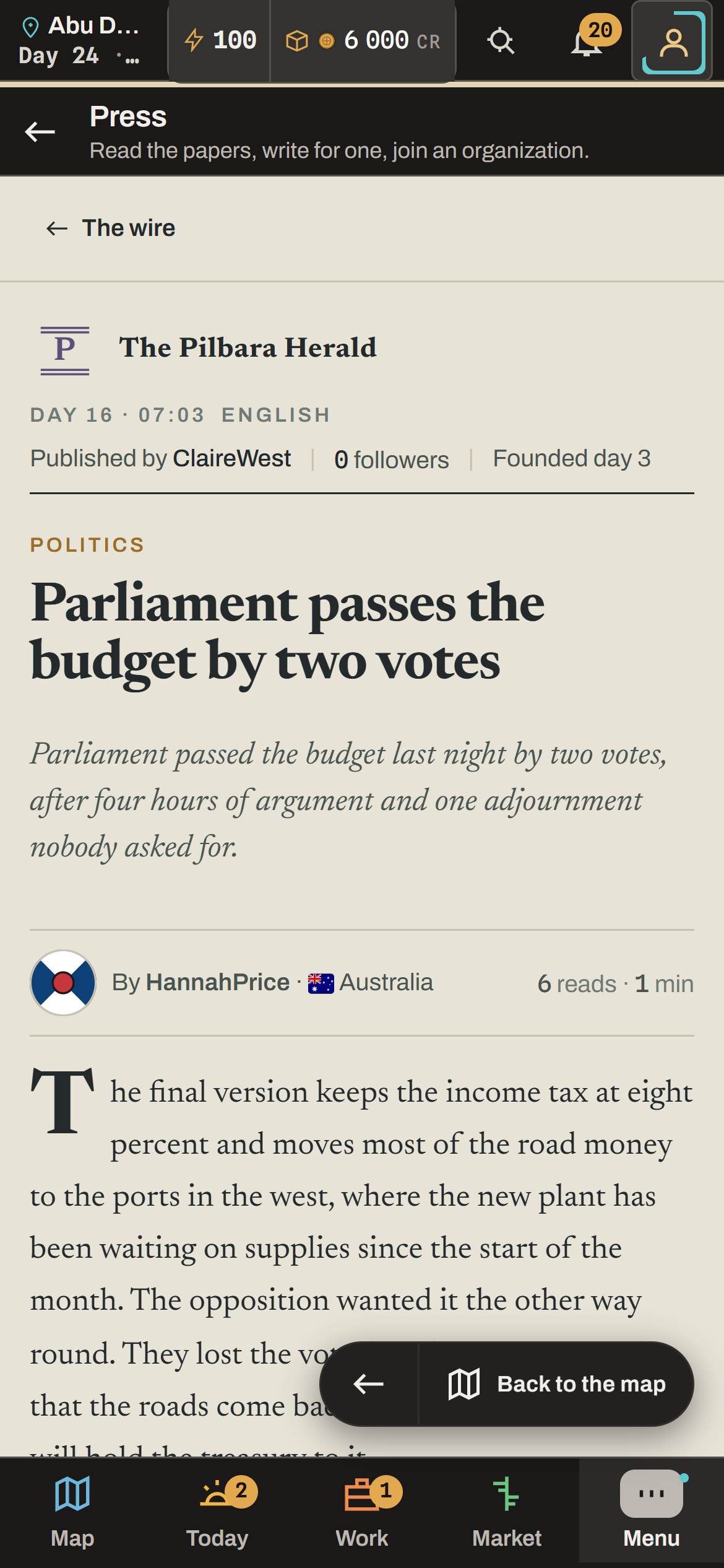 A newspaper article on a phone: Parliament passes the budget by two votes.