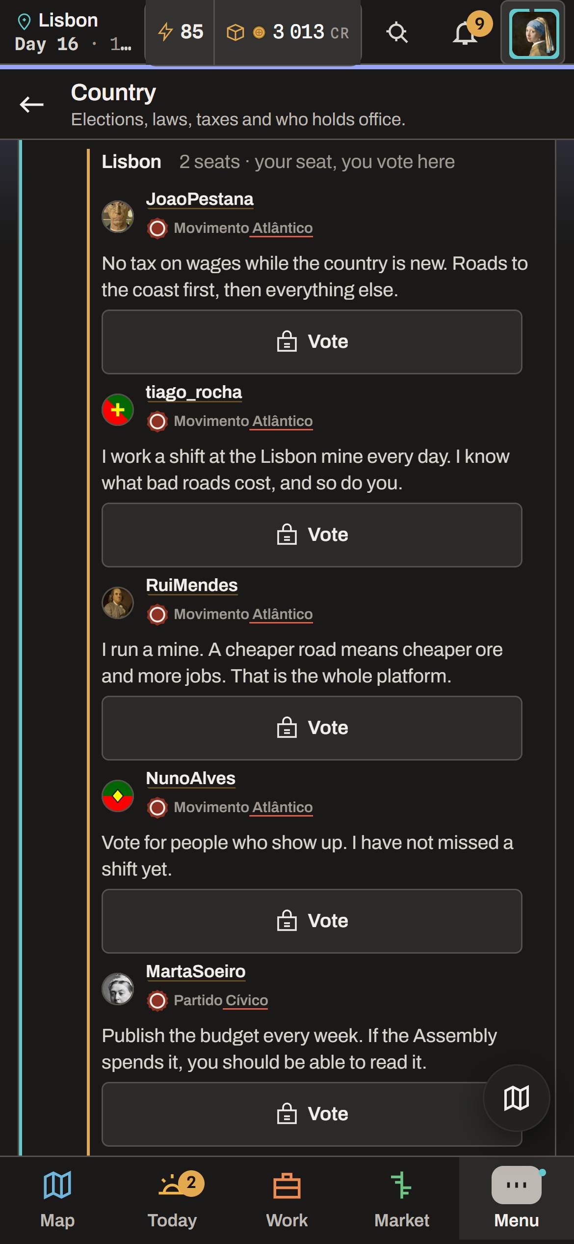Portugals erste Wahl auf dem Handy: der Stimmzettel für Lissabon mit den Kandidaten zweier Parteien, jeder mit einem eigenen Satz und einem Button zum Abstimmen.