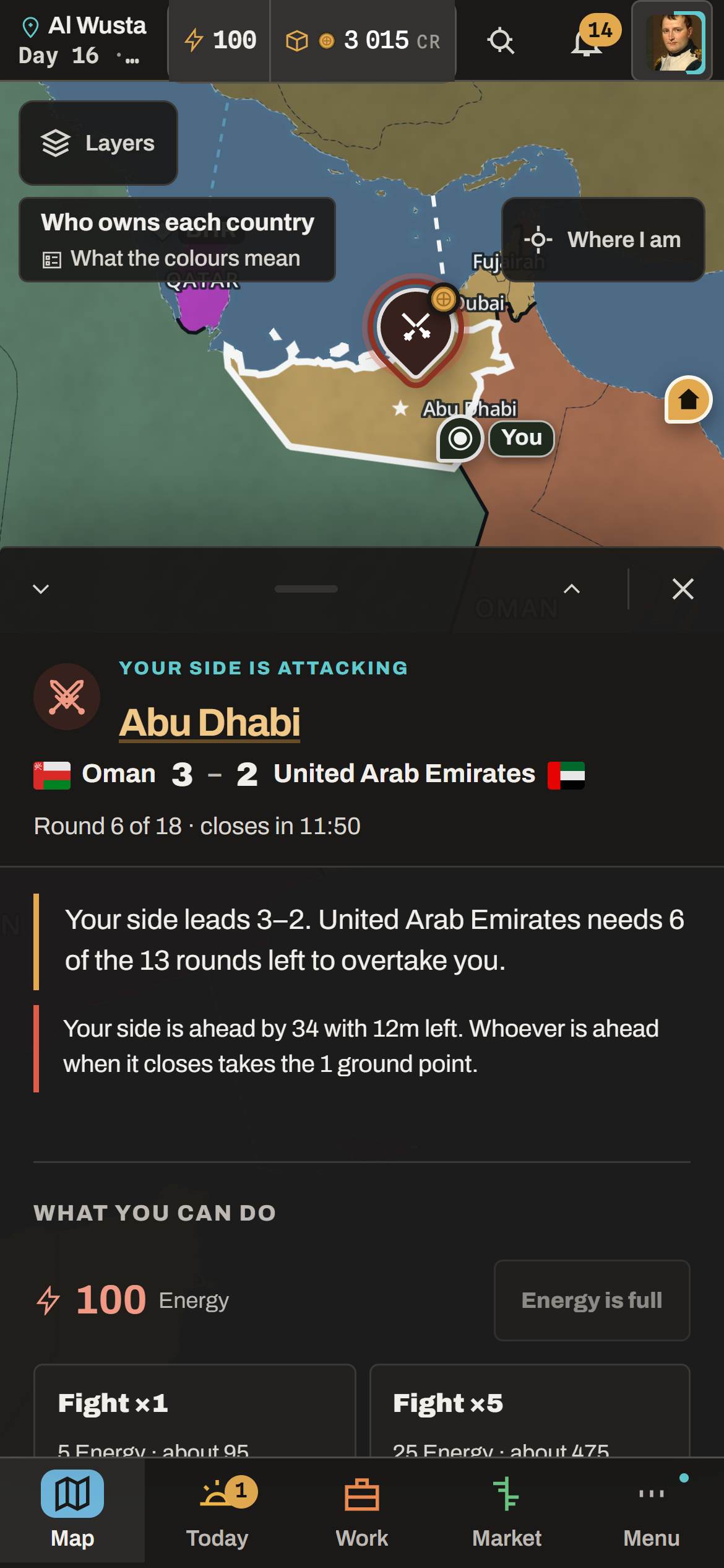 Die Schlacht um Abu Dhabi auf dem Handy, Oman führt 3 zu 2, die Buttons zum Kämpfen liegen unter dem Daumen.
