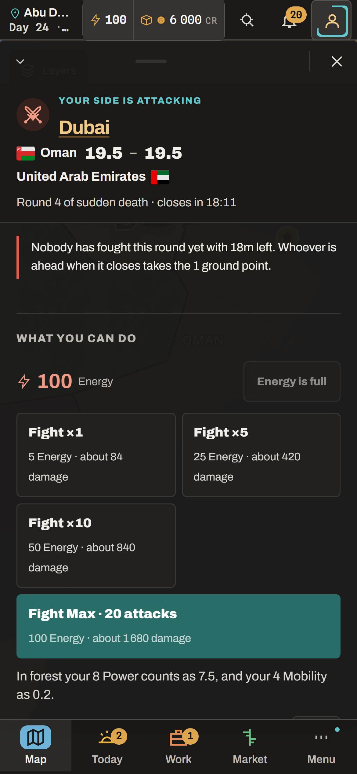 A battle for Dubai on a phone, with the fight buttons in reach of a thumb.