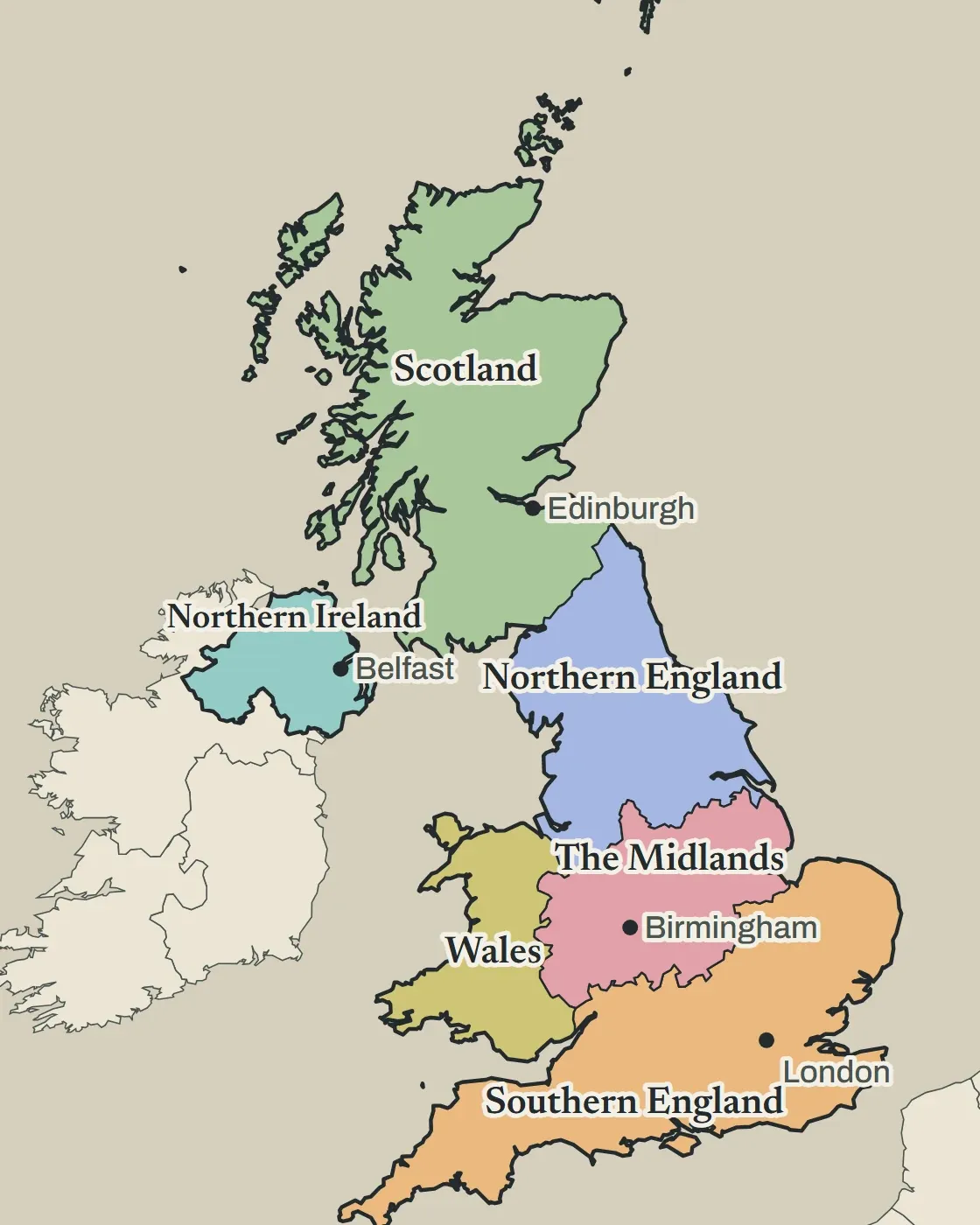 The United Kingdom in today's map, as six provinces named Scotland, Northern Ireland, Northern England, The Midlands, Wales and Southern England, with Edinburgh, Belfast, Birmingham and London each inside the province a reader would expect.