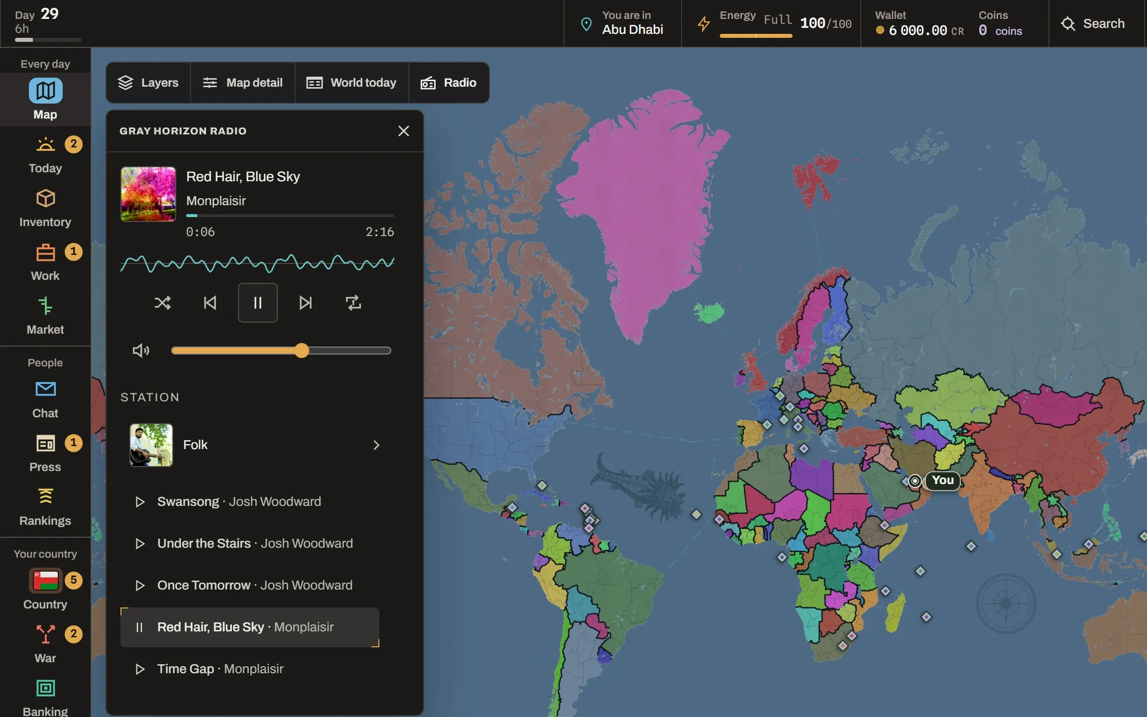 The Gray Horizon world map with the Radio panel open in the top-left corner, playing Red Hair, Blue Sky by Monplaisir on the Folk station. A thin teal waveform runs under the track's progress line, above the play controls and the station's track list, and the coloured countries of the map carry on beside the panel.