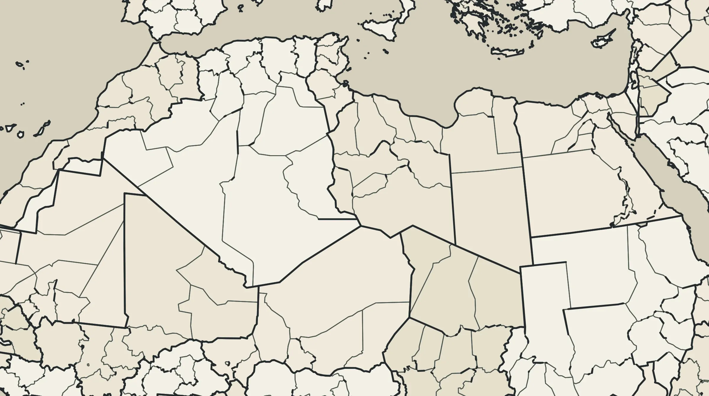 The Sahara and its neighbours divided into many provinces: Algeria into 15, Libya into 13, Chad into 12, Sudan into 14, with thin seams crossing empty desert.