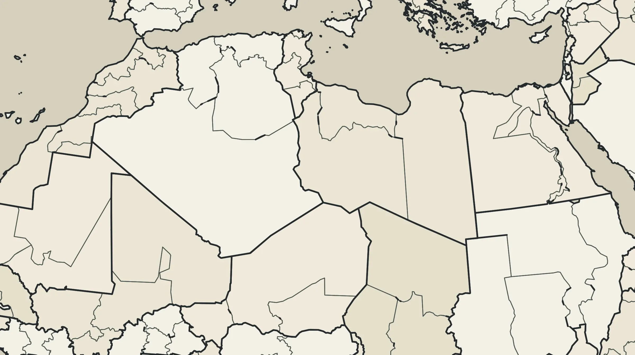 The Sahara view with Algeria in 4 provinces, Libya in 3 and Chad in 3.