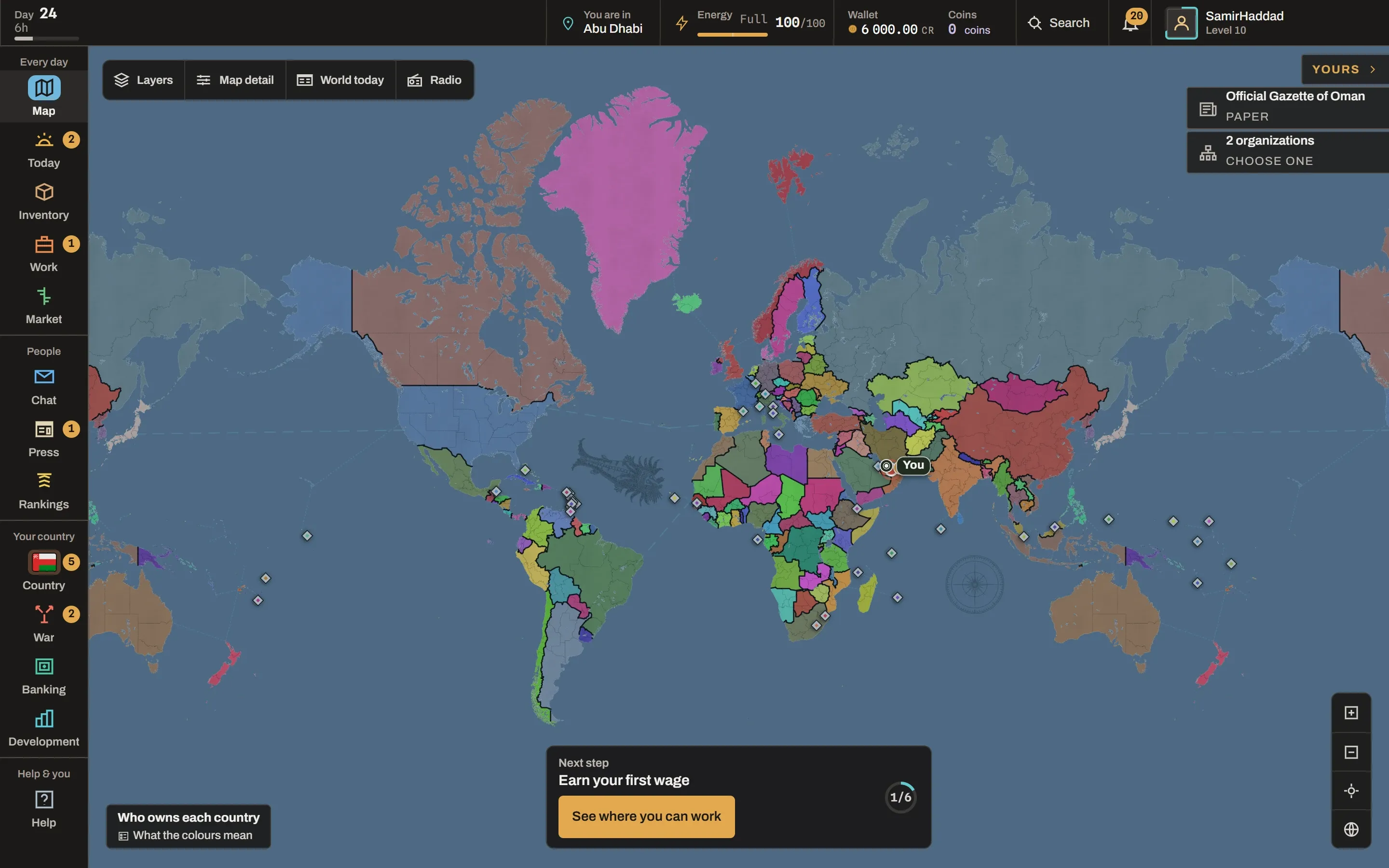 The game today: a world map fills the whole screen, countries in different colours, a menu down the left with Map, Today, Inventory, Work, Market, Chat, Press and more, and a "Next step" card at the bottom suggesting where to earn a first wage.