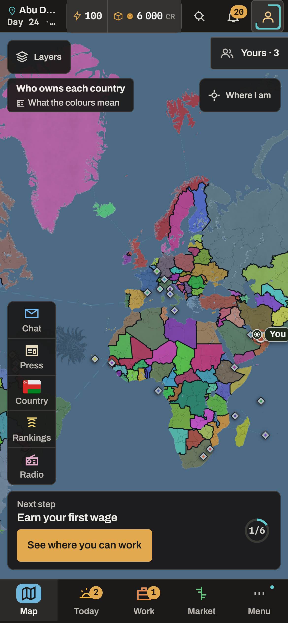 The world map on a phone, with the tools down the side and the bottom bar under it.