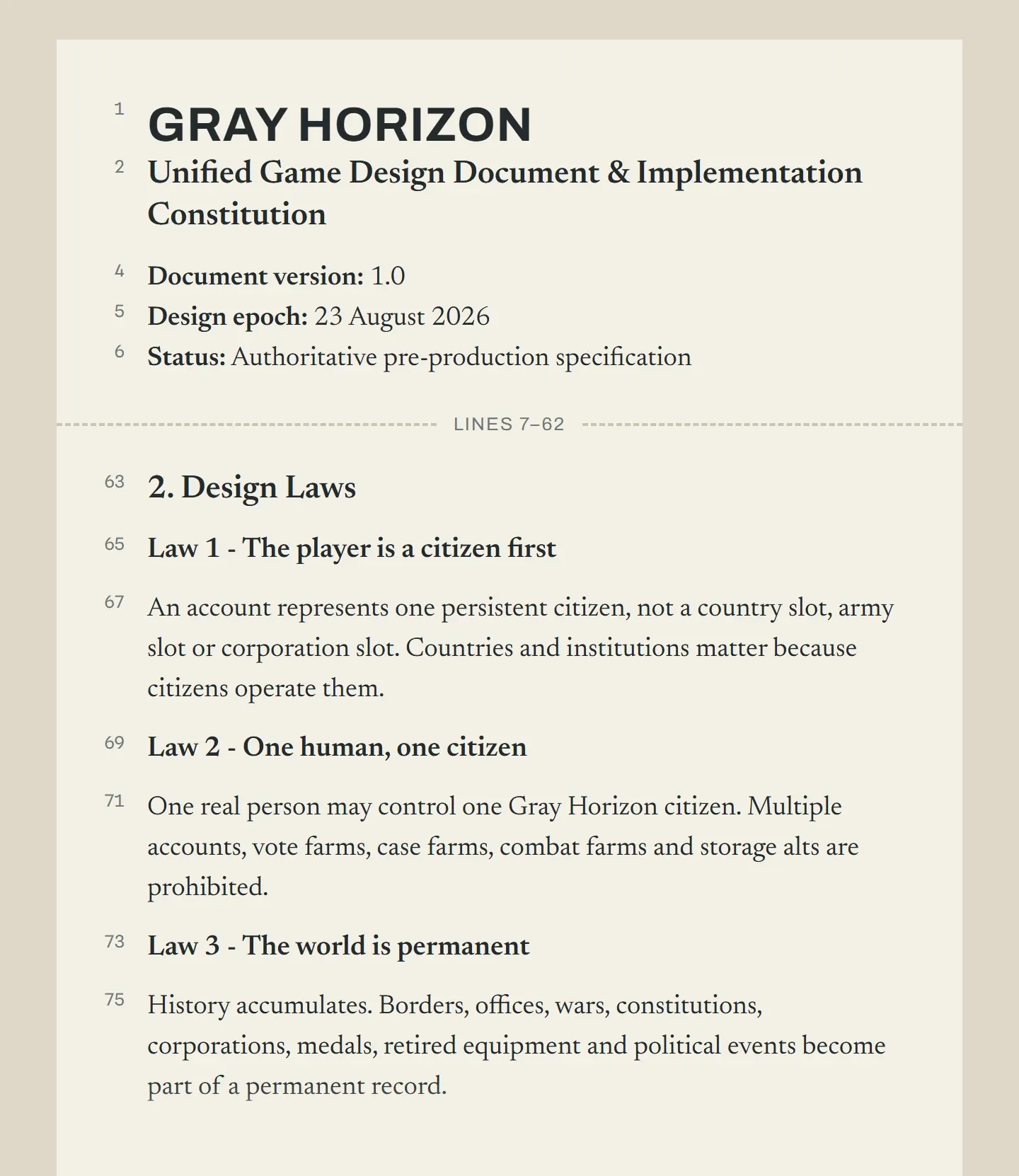 The first lines of the original Gray Horizon design document: the title, "Unified Game Design Document & Implementation Constitution", version 1.0, design epoch August 2026, then the start of section 2, Design Laws, with Law 1 "The player is a citizen first", Law 2 "One human, one citizen" and Law 3 "The world is permanent". The file's line numbers run down the margin.